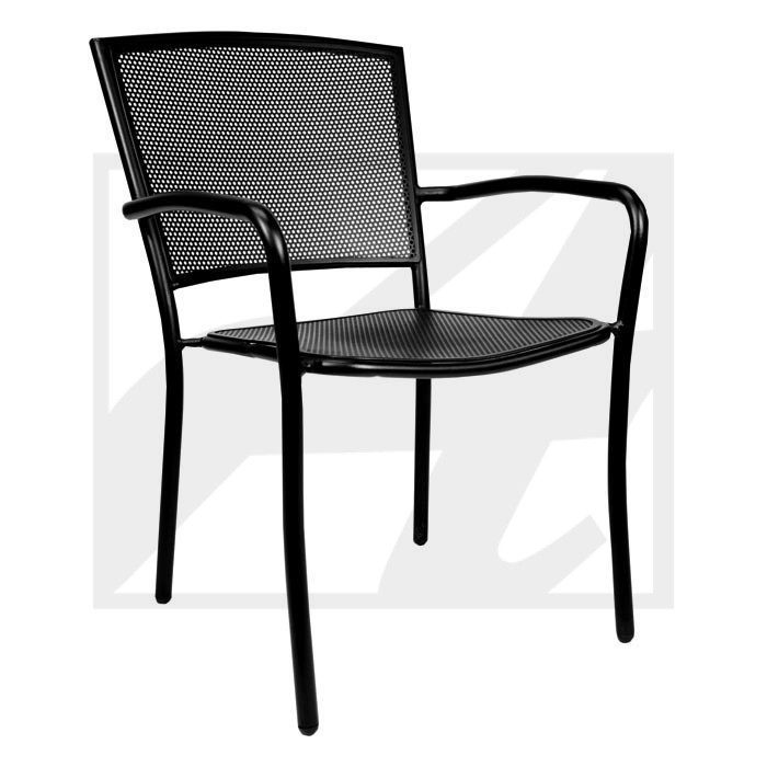 Black metal mesh chair with armrests and four legs.
