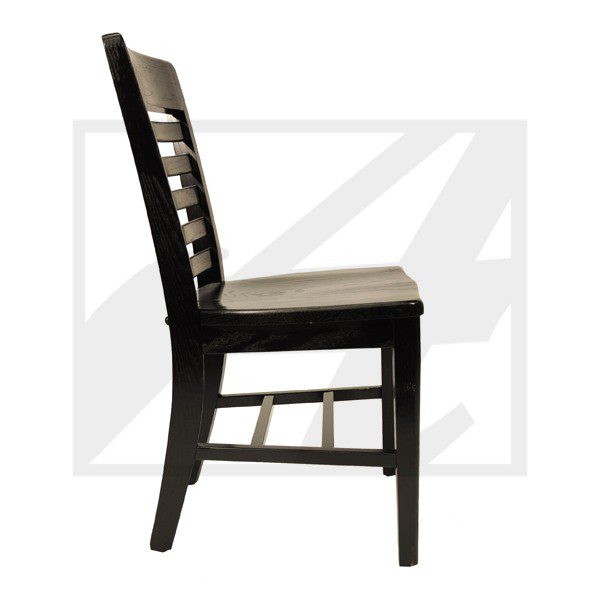 Wooden chair with cushioned seat and slatted backrest.