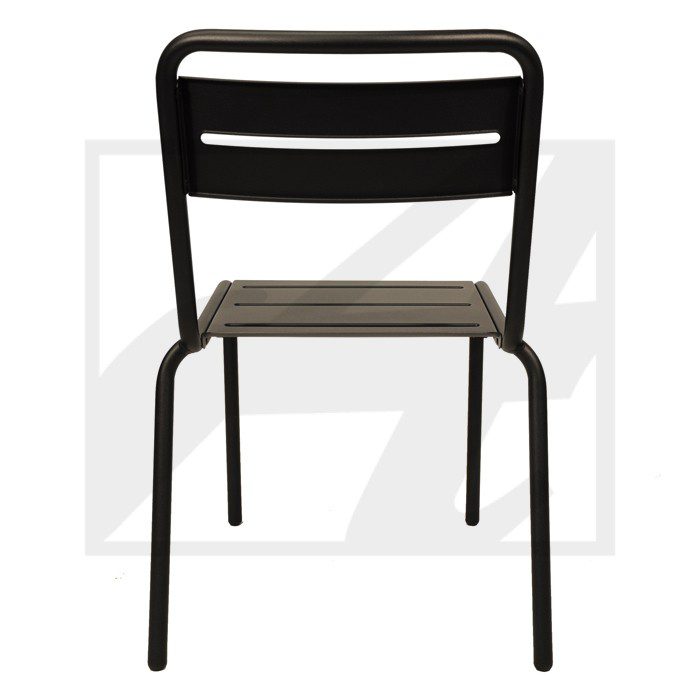 Black metal chair with a wooden seat viewed from the back.