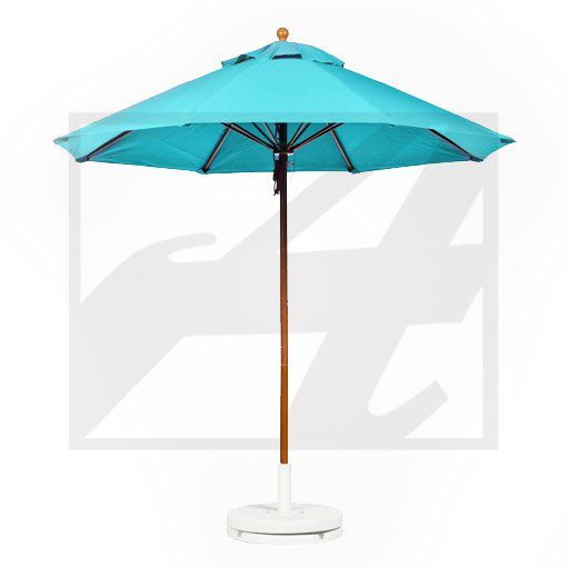 Blue beach umbrella with wooden pole and white base.