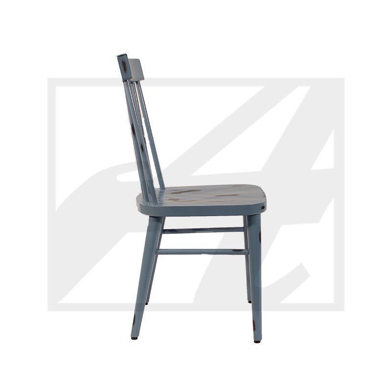 Side view of a wooden chair with a cushioned seat.