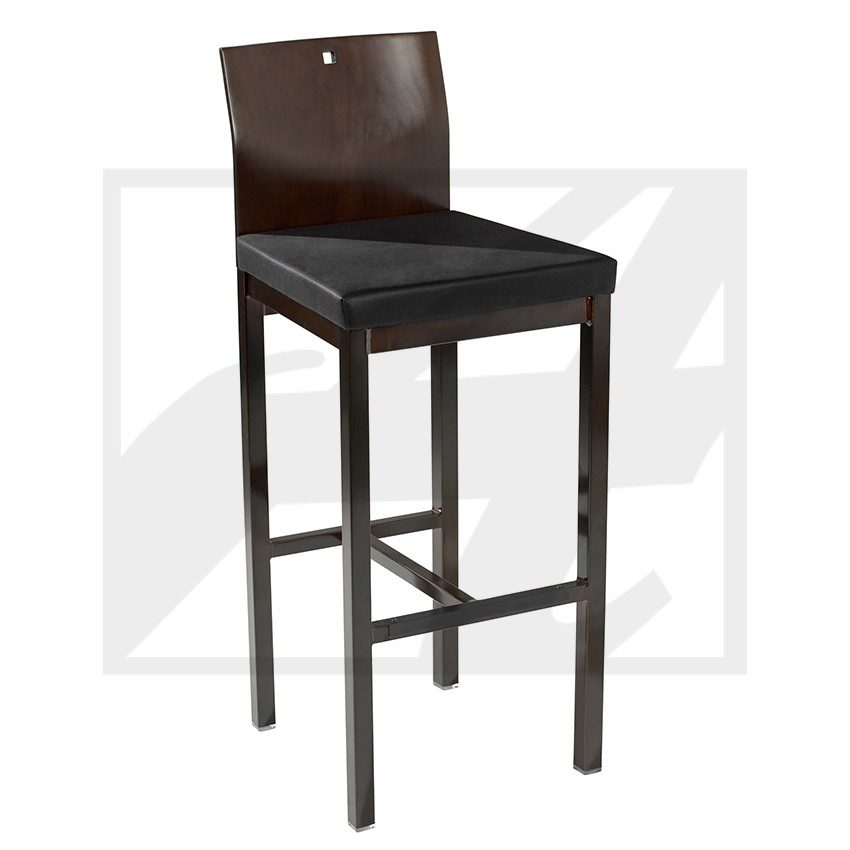 Modern bar stool with dark wood and padded black seat.