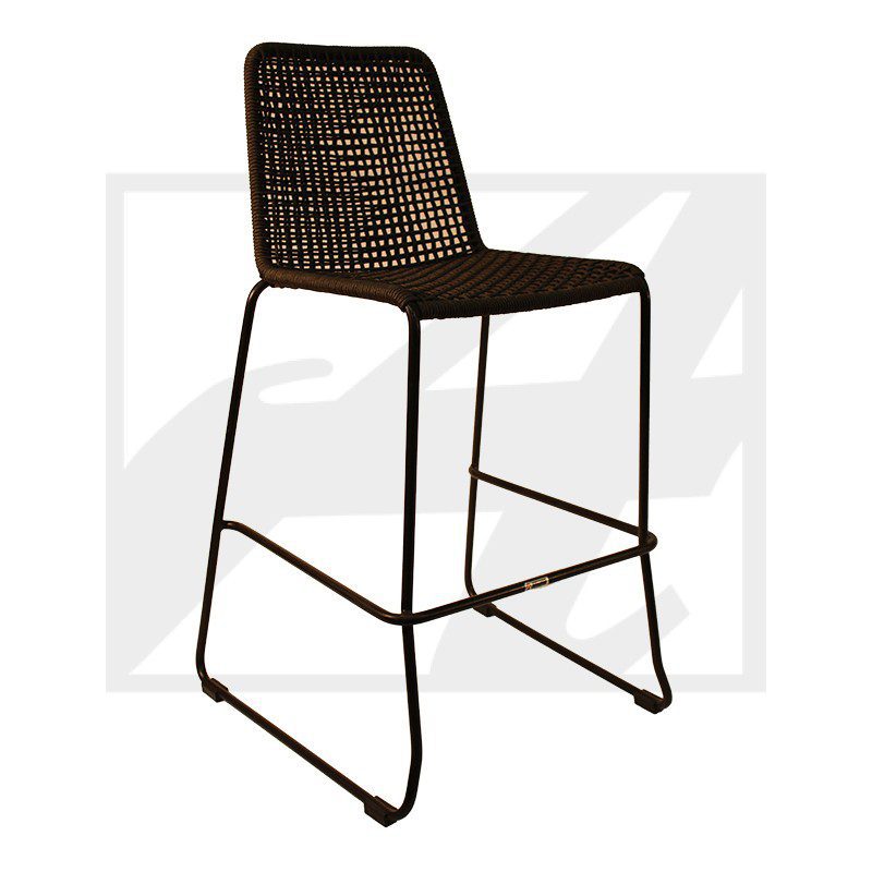 Modern bar stool with woven backrest and metal frame.