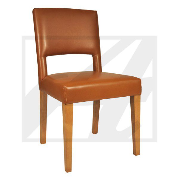 Sleek brown leather dining chair with wooden legs.