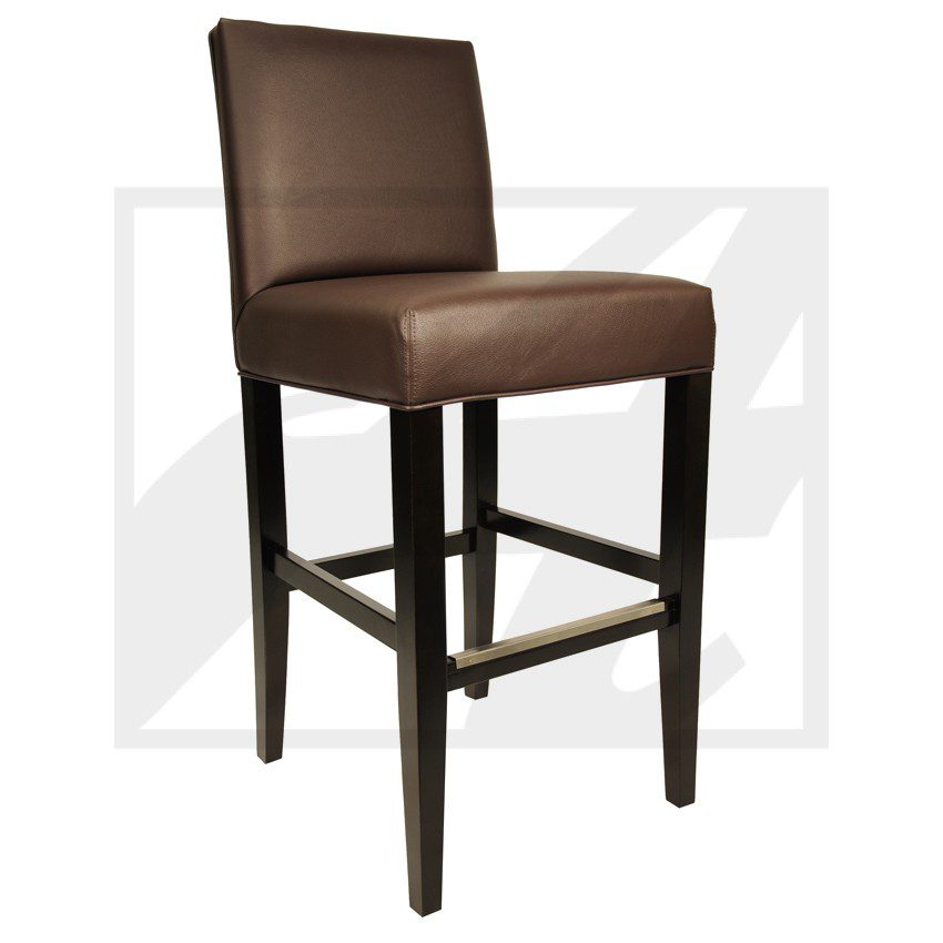 Tall brown upholstered bar stool with dark wooden legs and footrests.