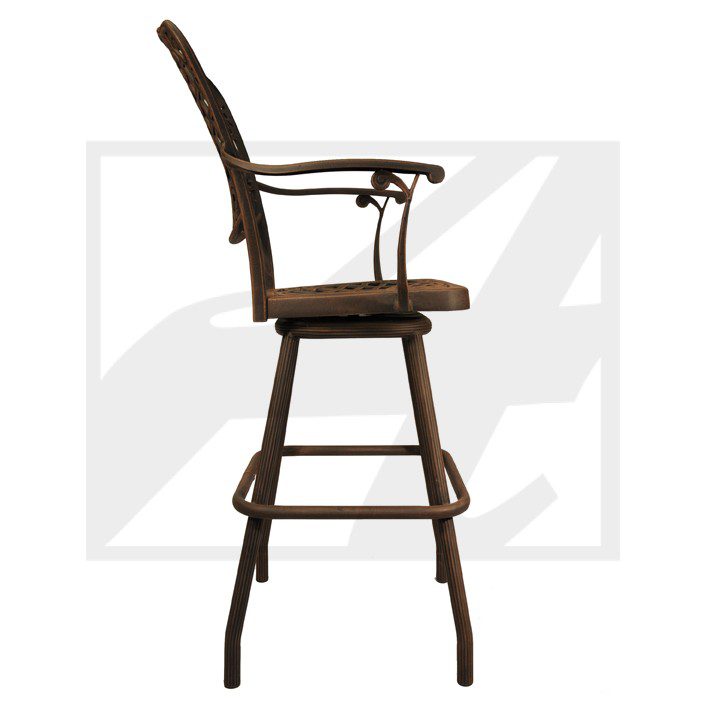 A brown wooden bar stool with a cushioned seat and backrest.