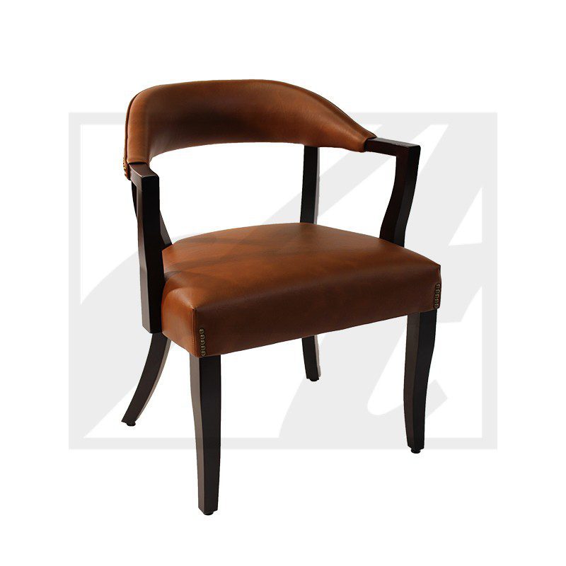 A stylish wooden armchair with brown leather upholstery and curved backrest.