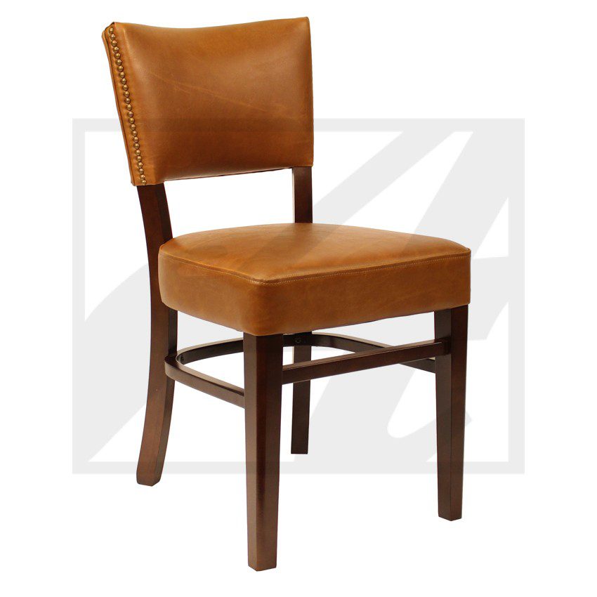 Brown leather dining chair with wooden legs and backrest.