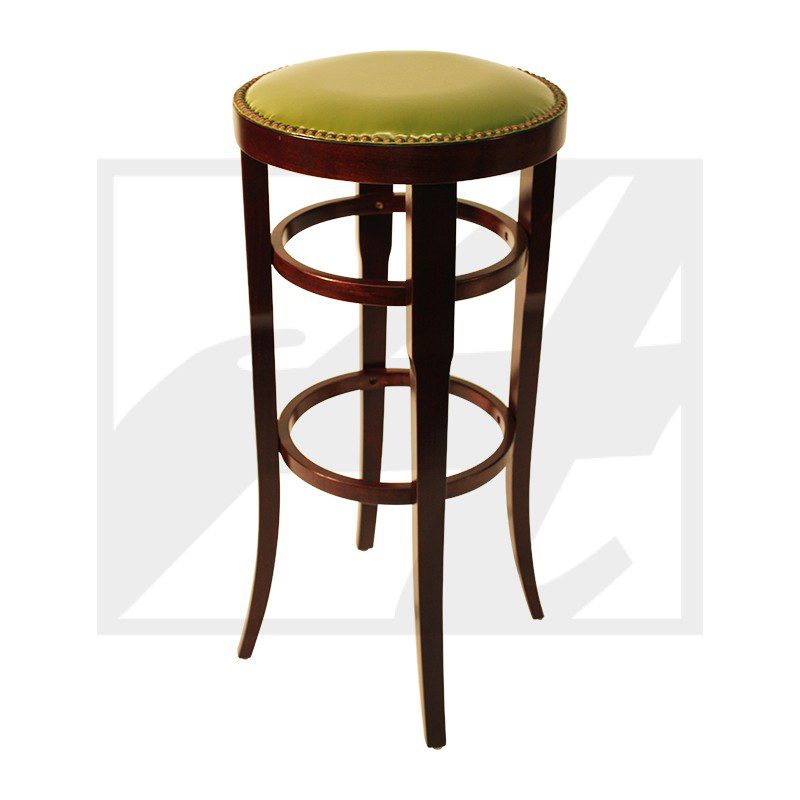 Wooden bar stool with a green cushioned seat.