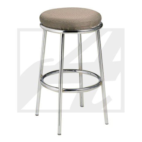 Metal stool with round cushioned seat and footrest ring.