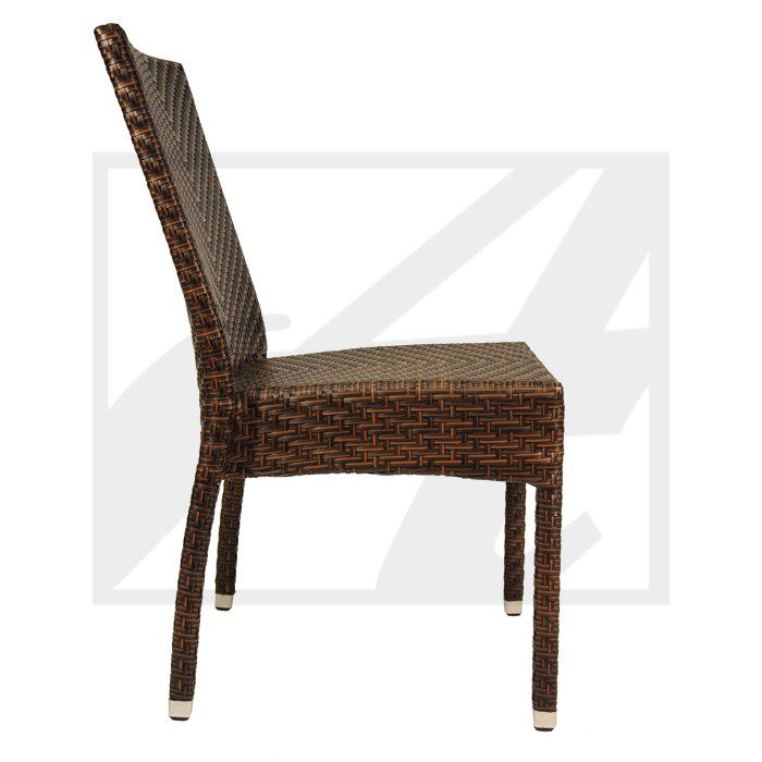 Side view of a brown wicker chair with a tall backrest.