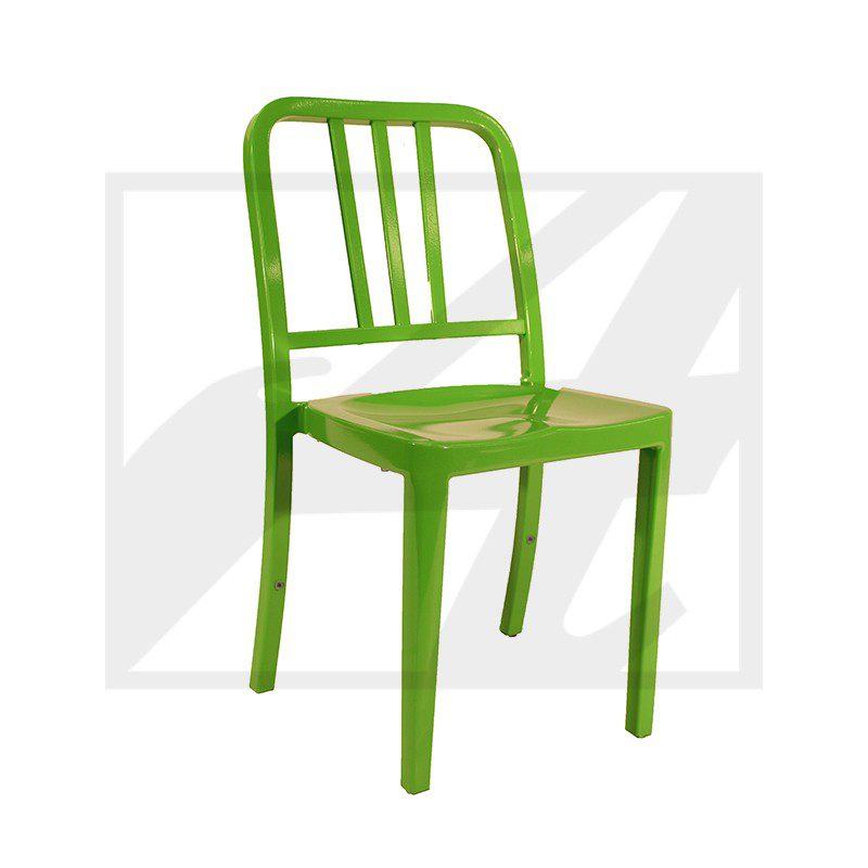 A simple green wooden chair with a slatted backrest.