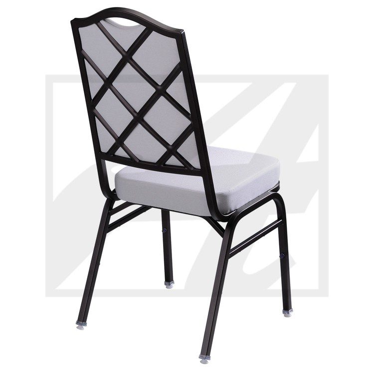 Black metal chair with a white cushioned seat and lattice backrest.