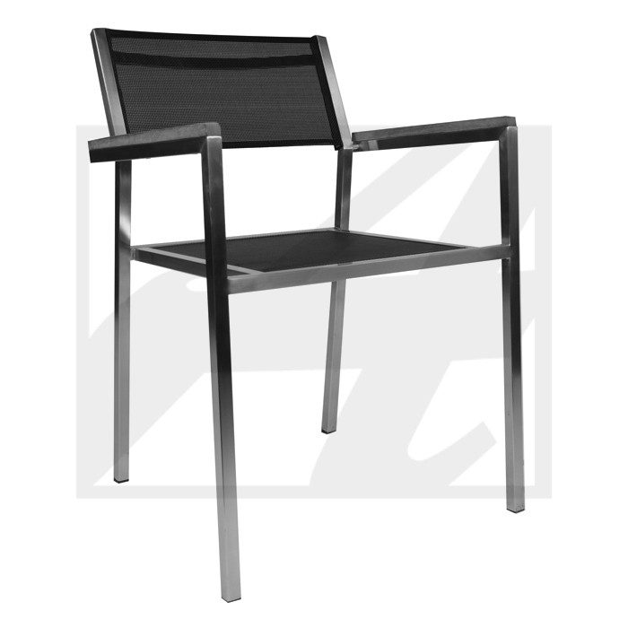 Modern black mesh chair with metal frame and armrests.