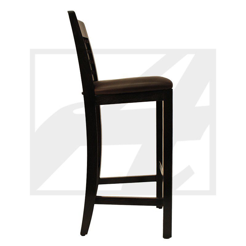 Side view of a dark wooden bar stool with padded seat and backrest.