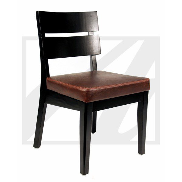 Modern wooden chair with dark finish and brown cushioned seat.