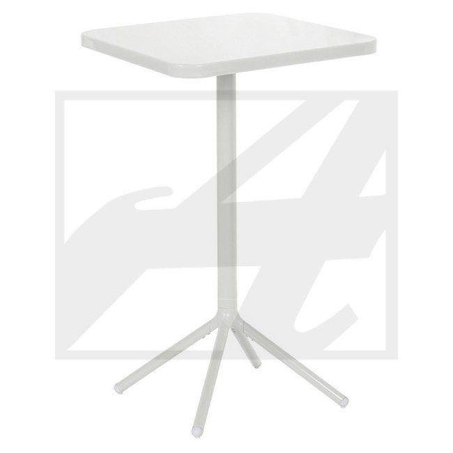 Minimalist square white table with a central support and four-legged base.