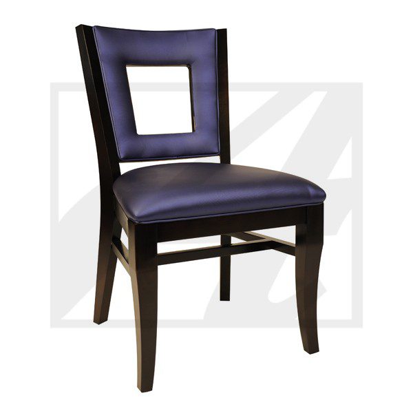 Modern wooden chair with purple upholstery and a square cut-out backrest.