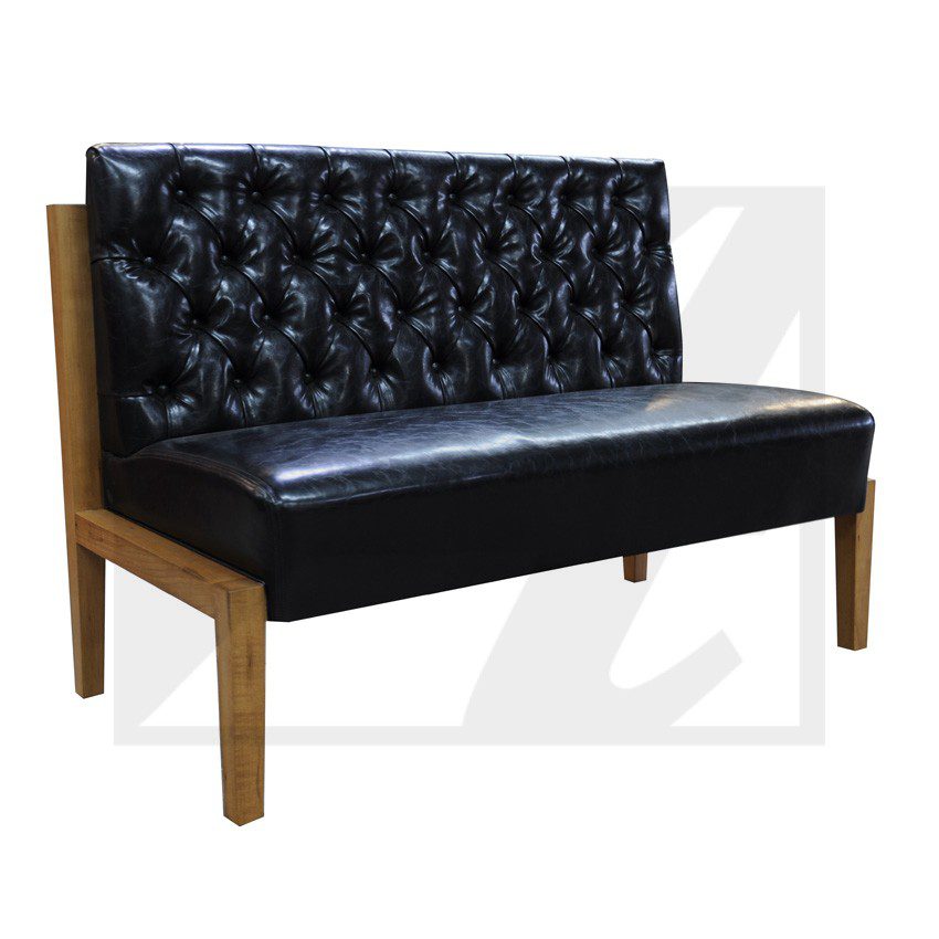 Black leather tufted bench with wooden frame and legs.