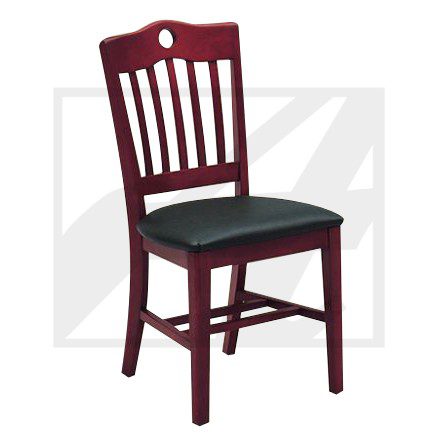 Wooden chair with a cushioned black seat and a slatted backrest.