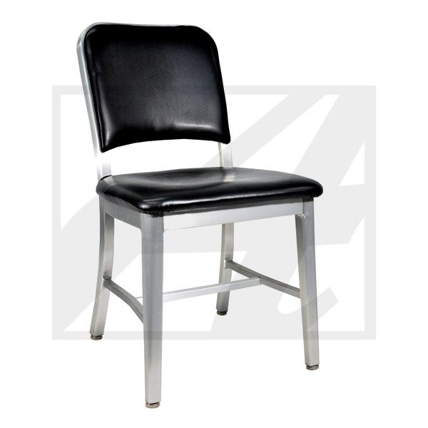 Black cushioned chair with metal frame and legs.
