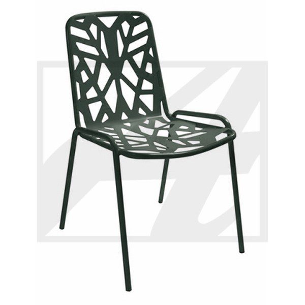 Modern chair with a geometric cut-out metal design and four legs.