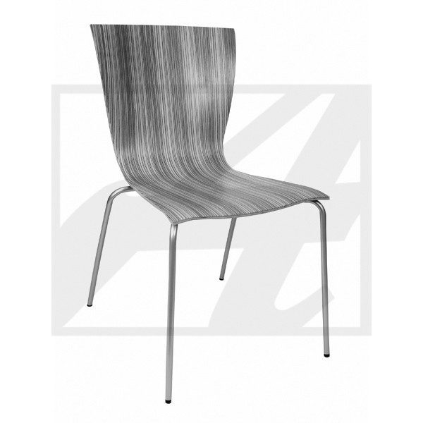 Modern chair with a sleek wooden seat and metal legs.