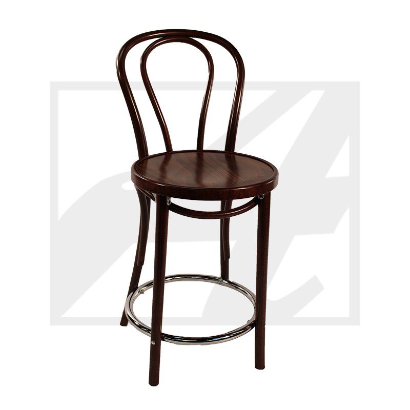 Dark wooden bar stool with curved backrest and round seat.