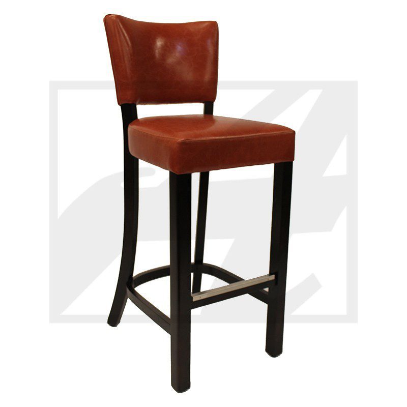 A brown leather bar stool with dark wooden legs and footrest.