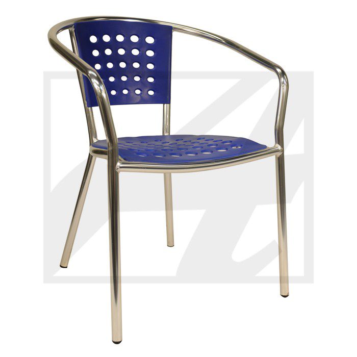 Modern metal chair with blue perforated seat and backrest.