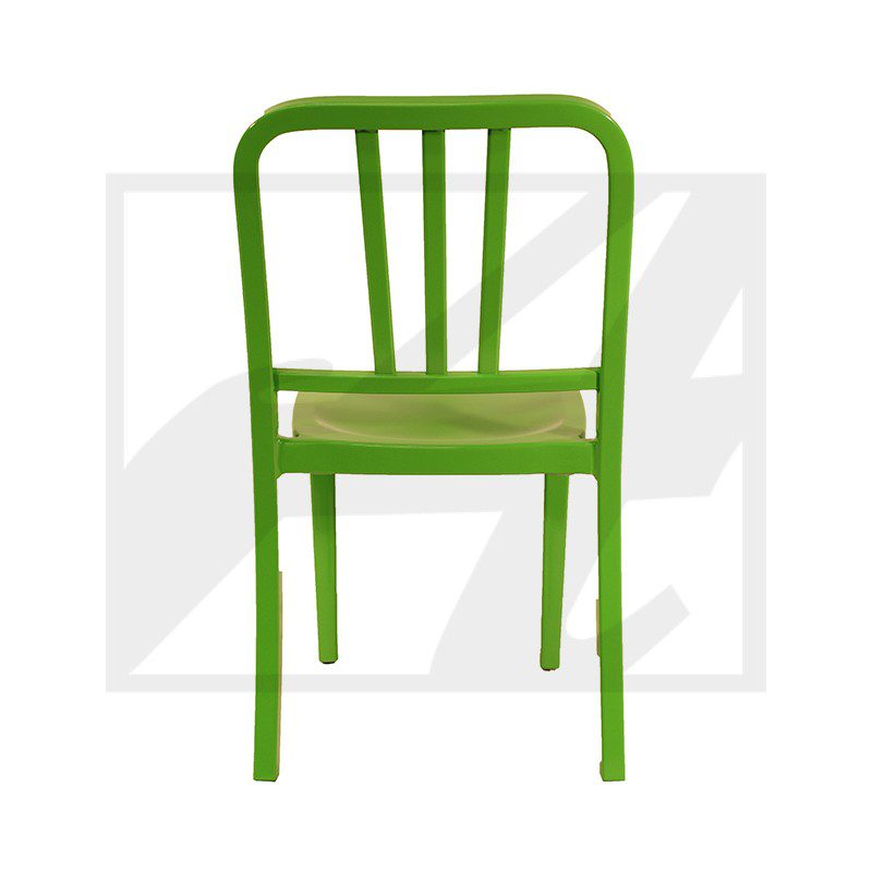 A simple green wooden chair with a slatted backrest.