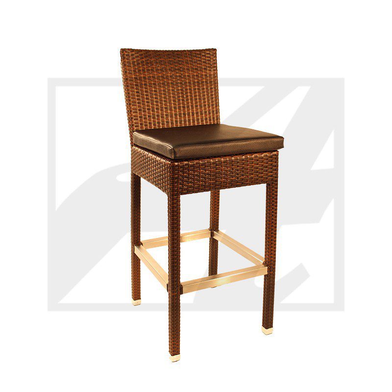 Wooden bar stool with woven backrest and cushioned seat.