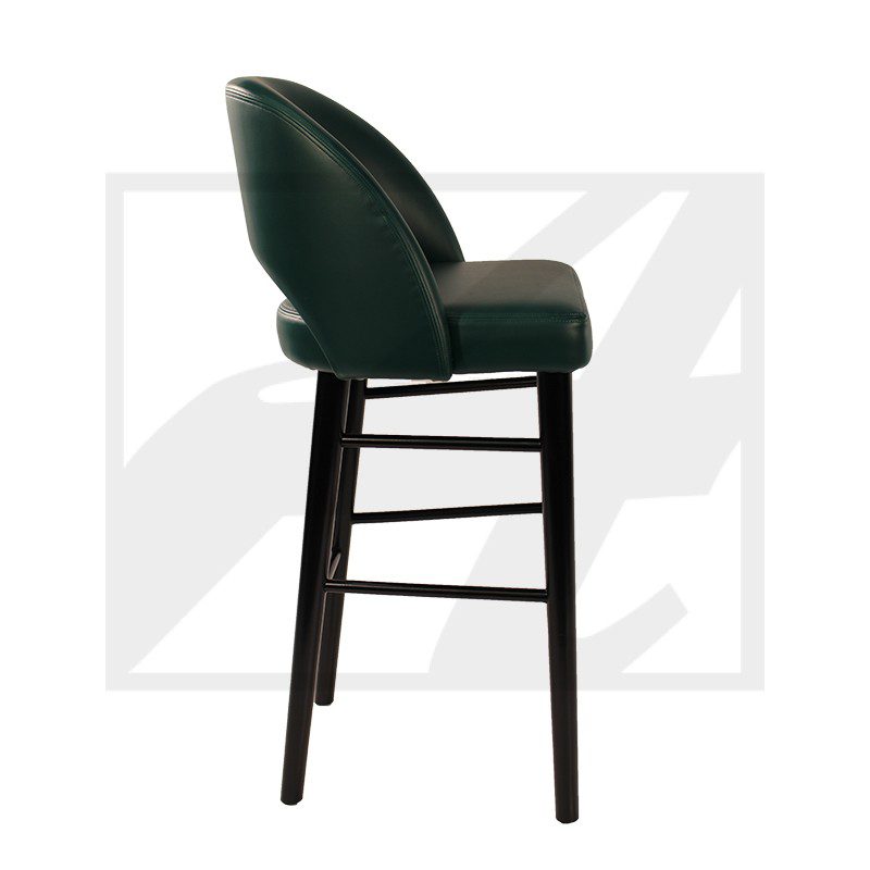 Elegant green bar stool with cushioned seat and backrest, dark wooden legs.