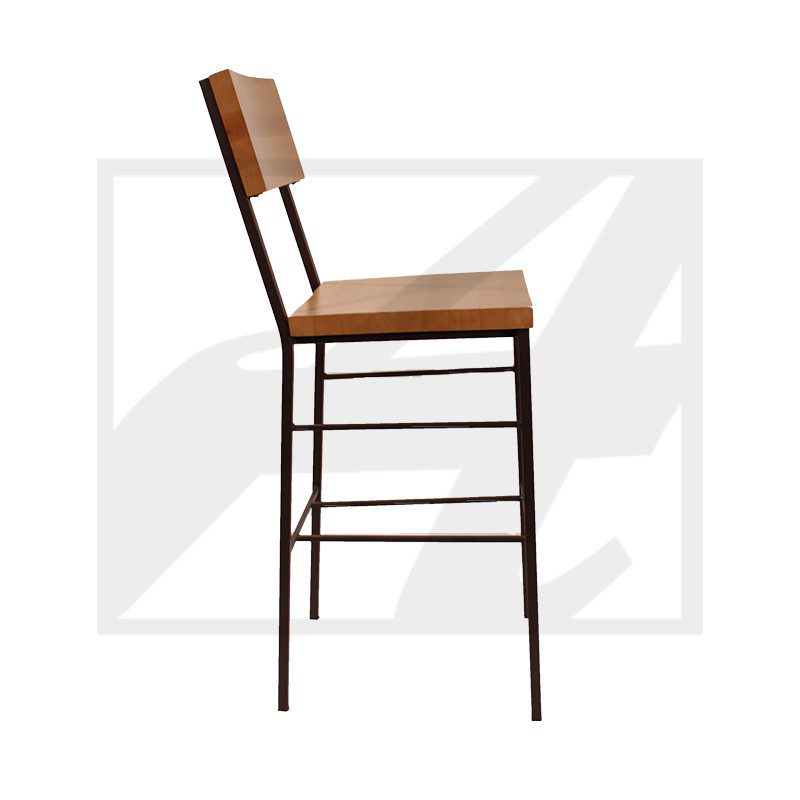Modern bar stool with wooden seat and backrest, metal frame.