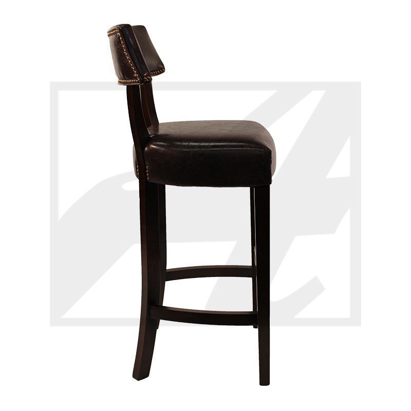 Side view of a black leather bar stool with wooden legs.