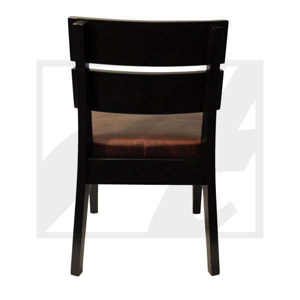Back view of a black wooden chair with a cushioned seat.