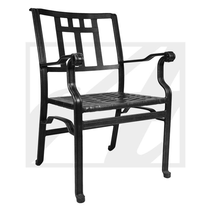Black wooden armchair with a lattice backrest and cushioned seat.