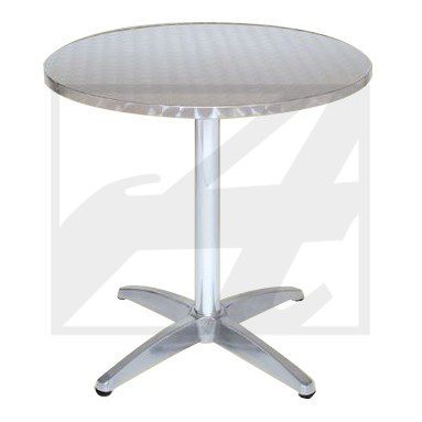 Round metal table with a perforated top and four-legged base.