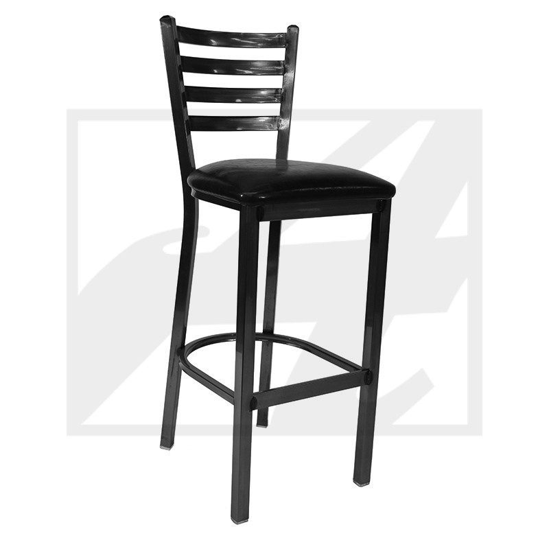 Black wooden bar stool with ladder back and cushioned seat.
