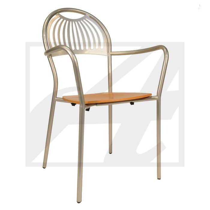 Minimalist metal chair with wooden seat and curved backrest.
