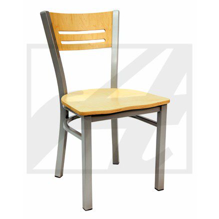 Simple wooden chair with metal legs.
