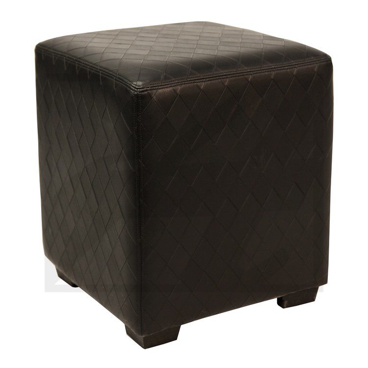 A small, dark brown leather ottoman with a square shape.