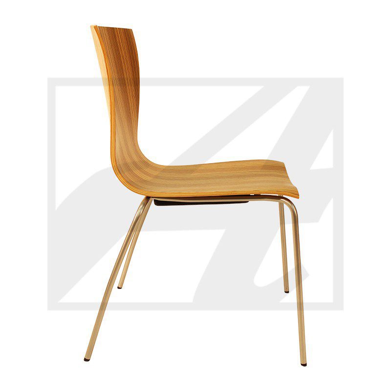 A modern wooden chair with metal legs and a curved backrest.