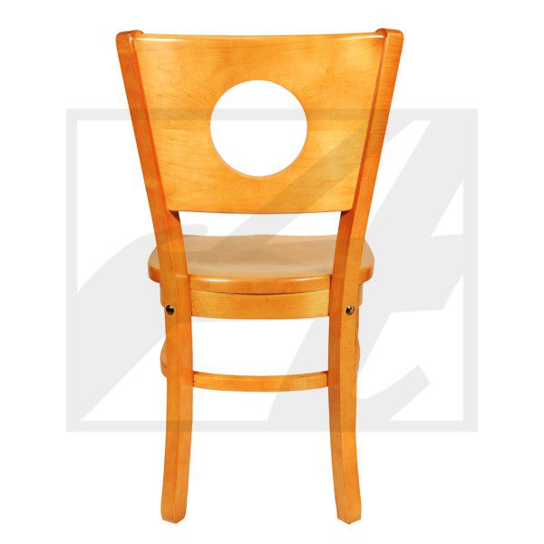 Wooden chair with a circular cutout in the backrest.