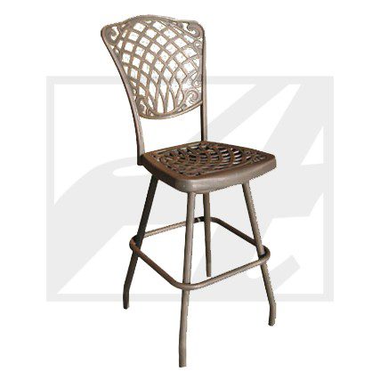 Intricately designed bronze metal bar stool with a lattice backrest and footrest.