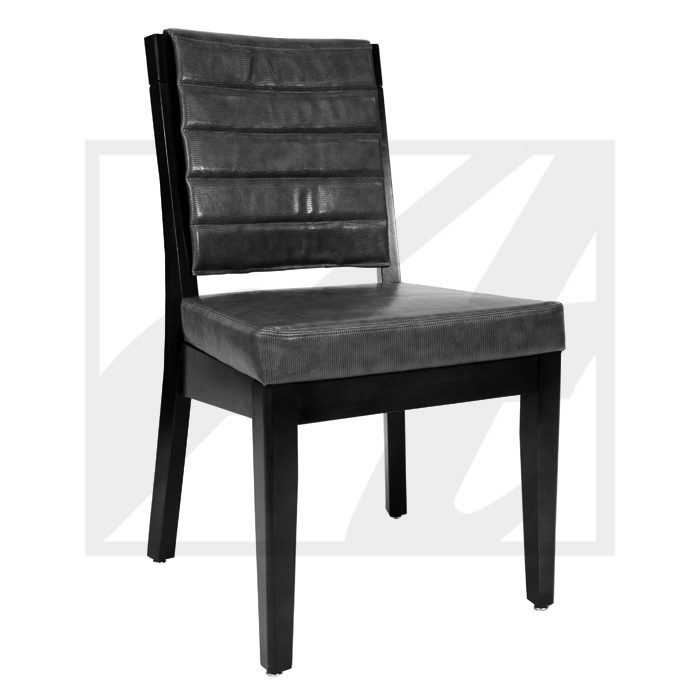 Modern black leather dining chair with a sleek design.