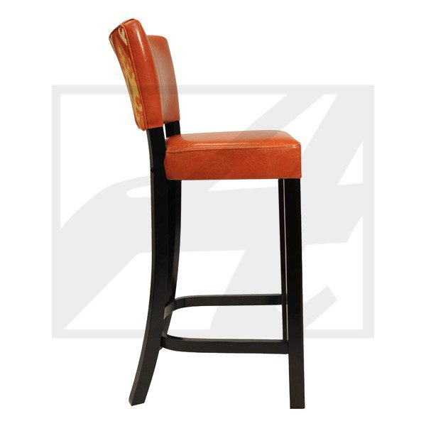 Elegant bar stool with orange cushioned seat and backrest on dark wooden frame.