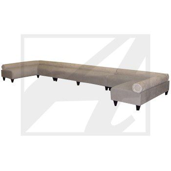 Modern L-shaped beige sectional sofa with wooden legs.