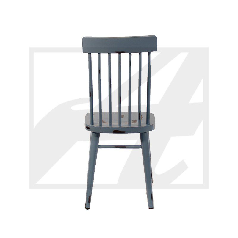 Simple gray wooden chair with vertical slats on the backrest.