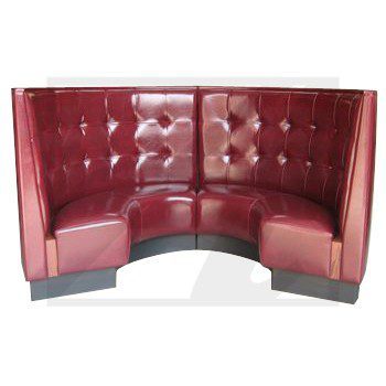 Curved red leather booth seating with tufted backrest.
